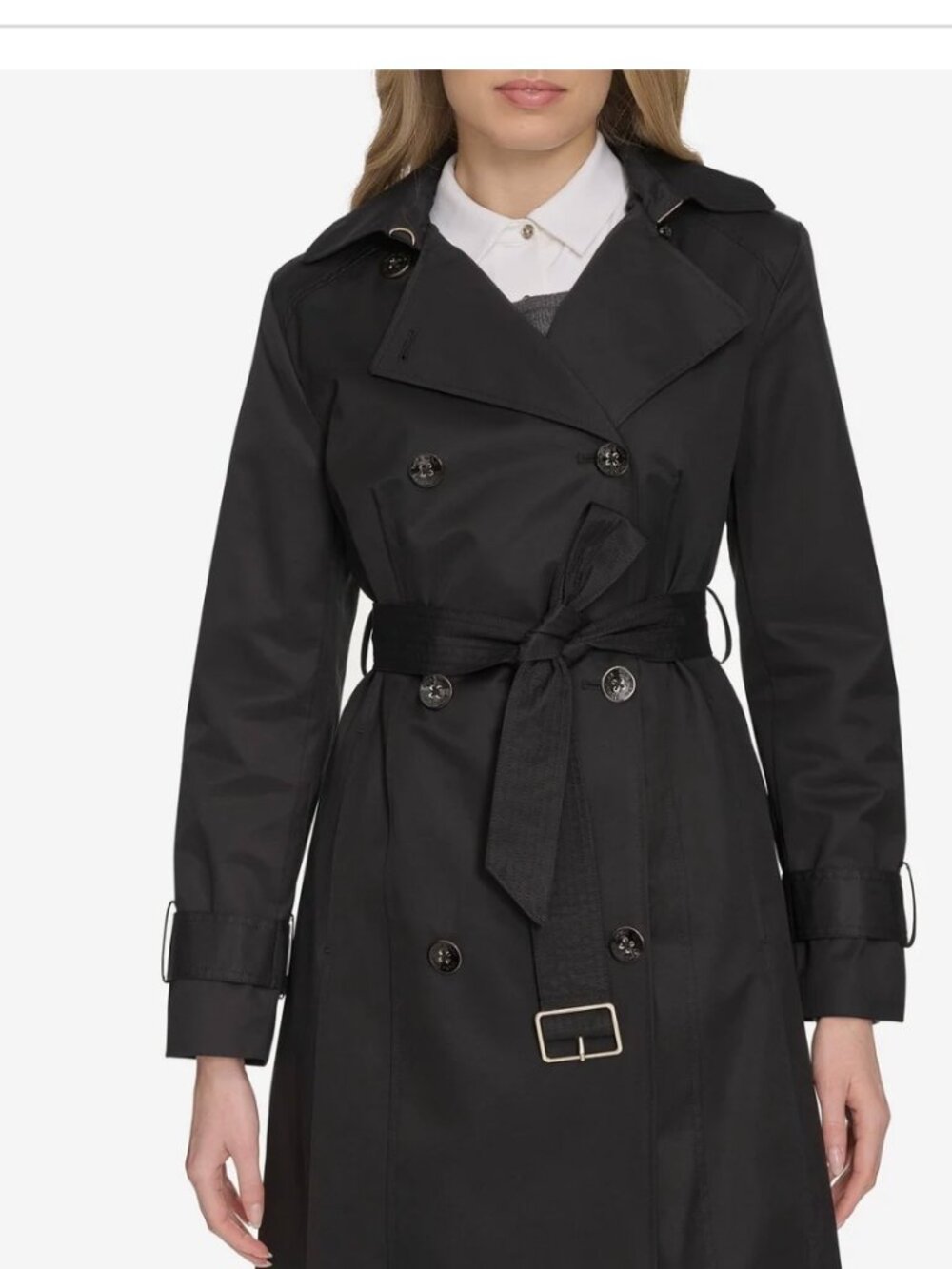 Like New! Cole Hahn Women's Black Trench Coat with Removable Hood Size Med.